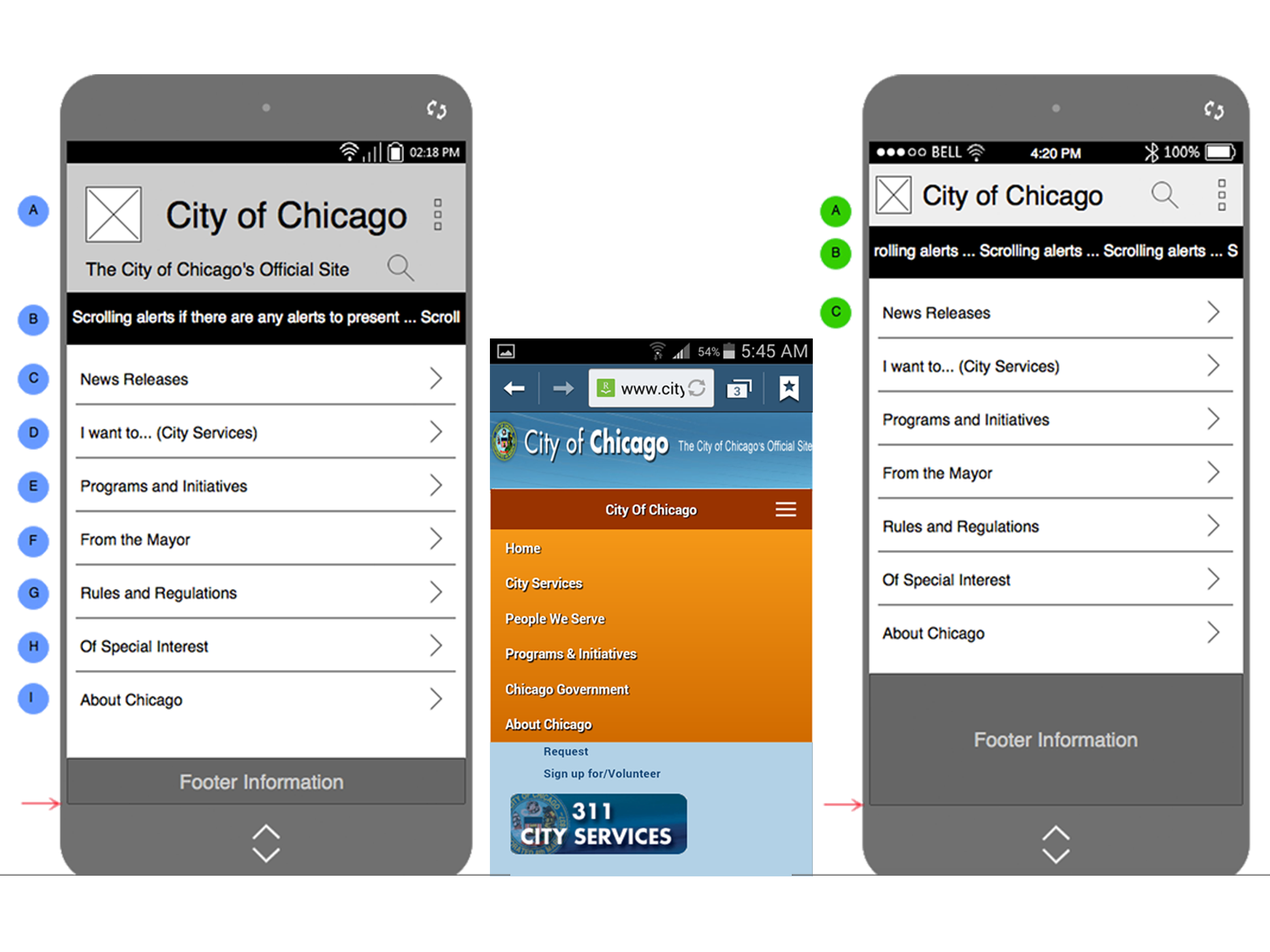 iOS and Android wireframe screens for a native app for the City of Chicago website